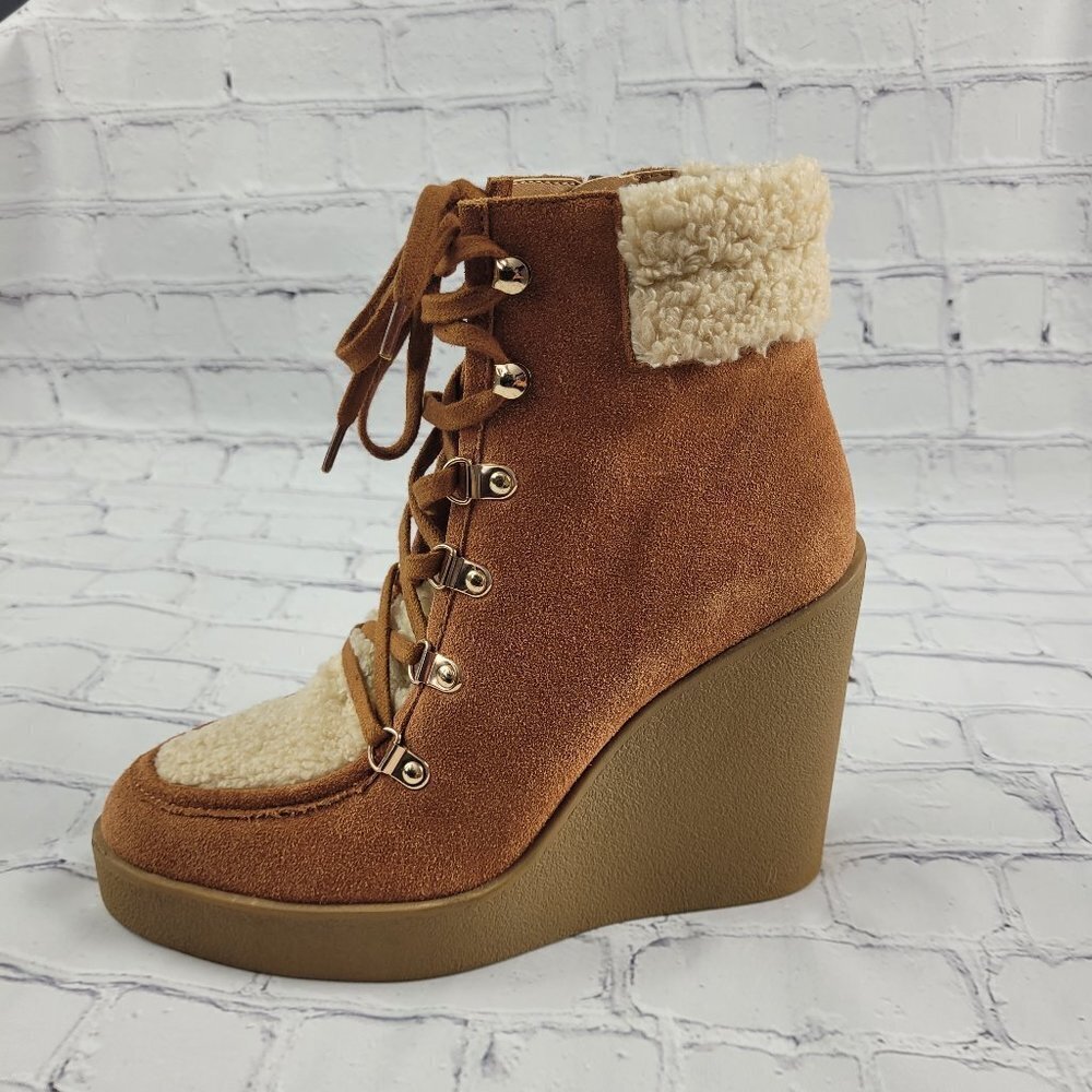 NEW Jessica Simpson Maelyn Wedge Bootie Brown Caramel Combo Leather Suede Sherpa - Picture 2 of 11